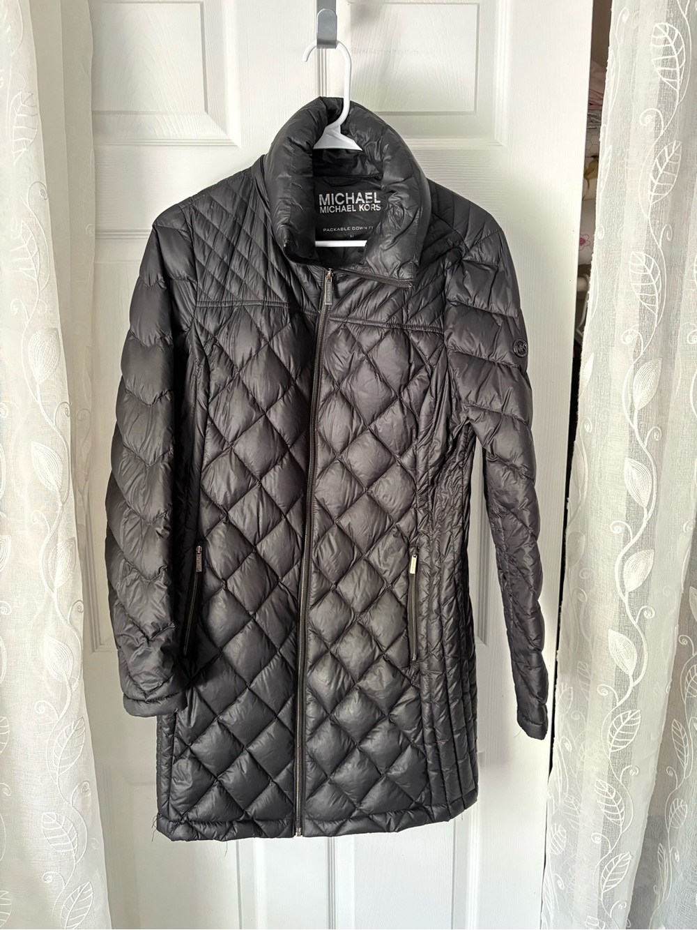 Michael Kors Packable Down Puffer full zip jacket coat women sz M missing hoodie